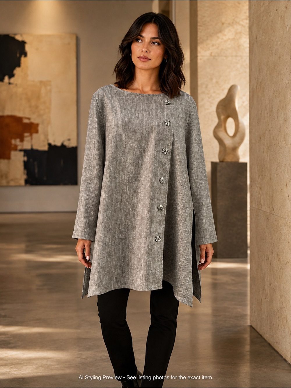 Joie M Metallic Silver Gray Linen Blend A-Line Tunic Asymmetrical